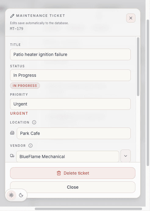 Maintenance ticket with status, priority, location, vendor, and photo upload