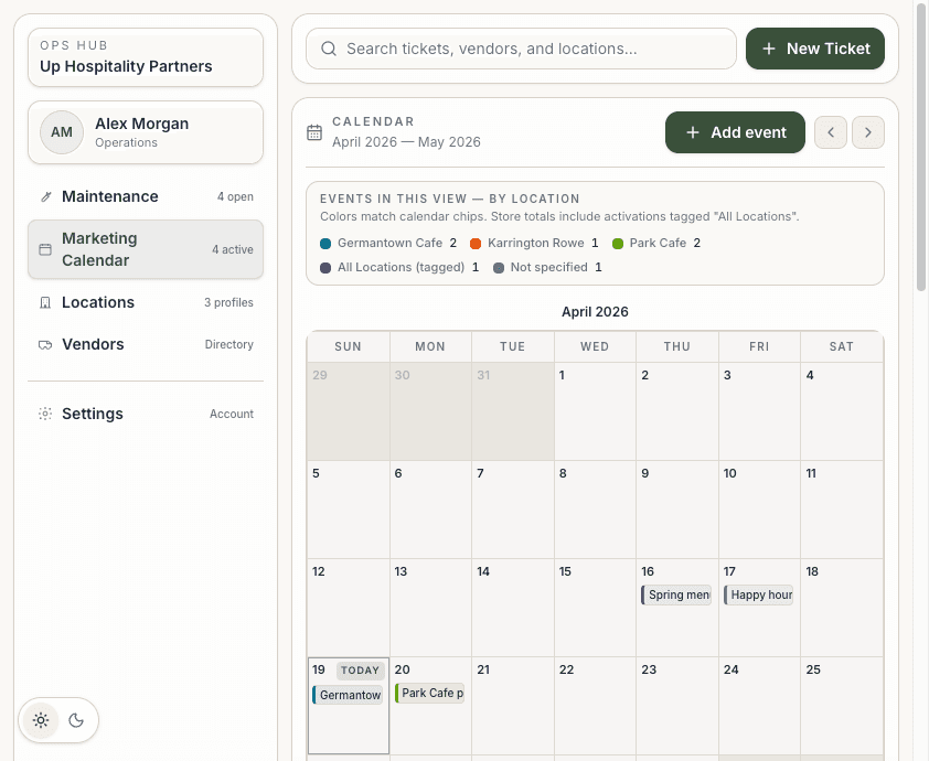 Two-month marketing calendar with color-coded events by location