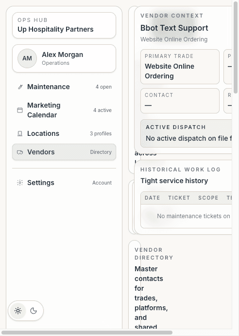 Vendor directory table with specialty, location scope, phone, and email